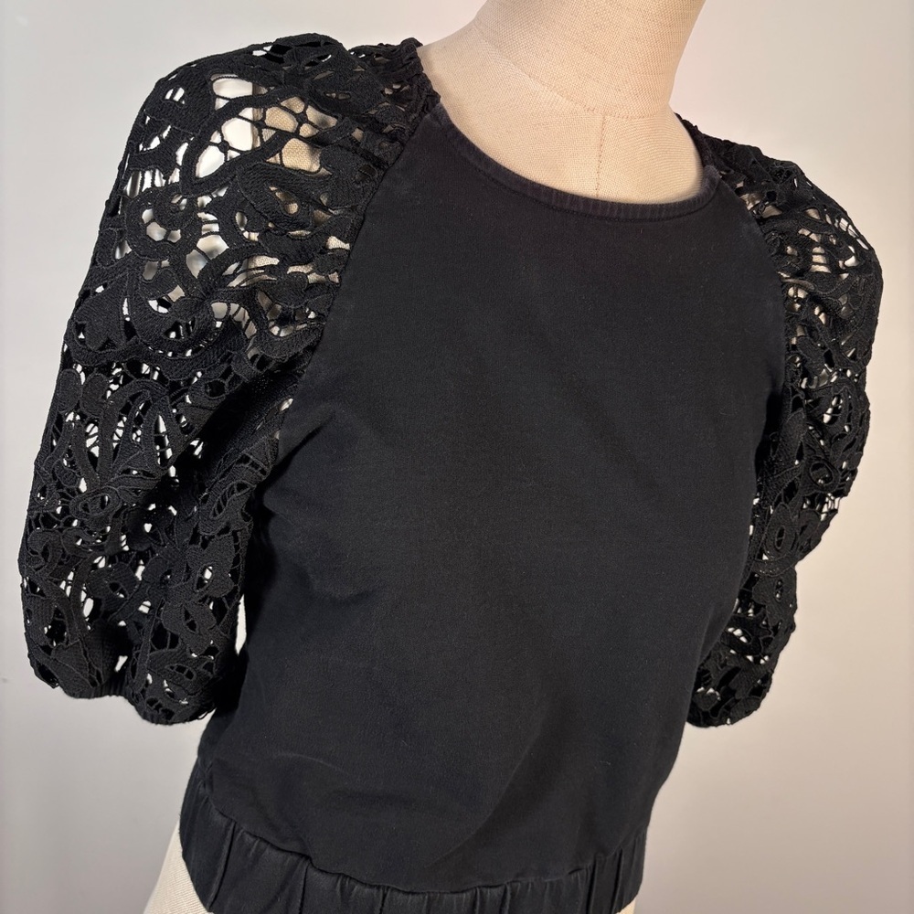 Dolan Anthropologie Black Crochet Eyelet Puff Sleeve Blouse XS - Picture 4 of 8